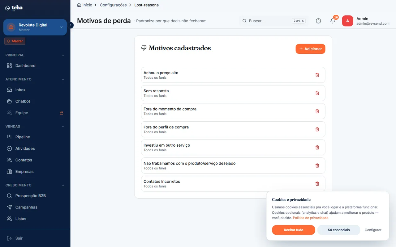 Configurar motivos de perda